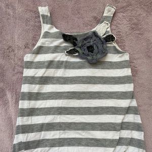 Grey and White Striped Tank with Flower
